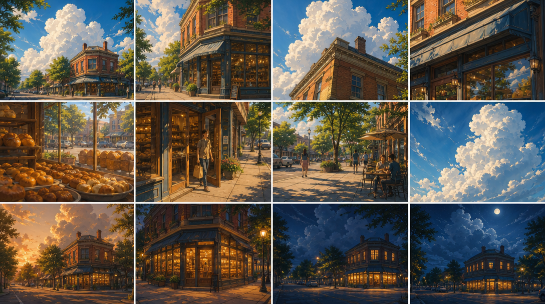 The Town — hand-painted anime keyframe + 12-panel storyboard of a red-brick corner bakery under summer clouds