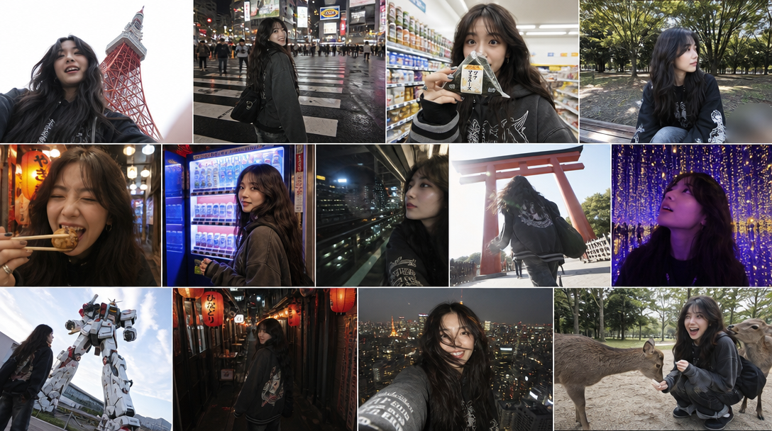 Tokyo Travel Vlog — 13-frame candid grid