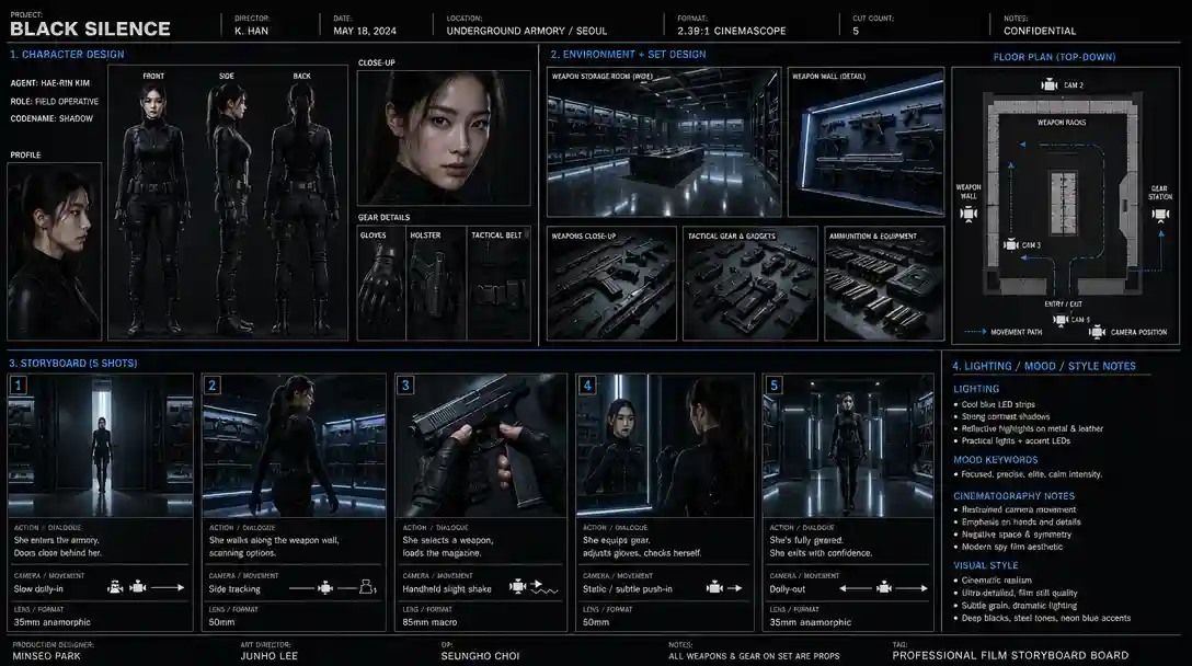 The Armory — generated character sheet + 5-panel modern spy storyboard
