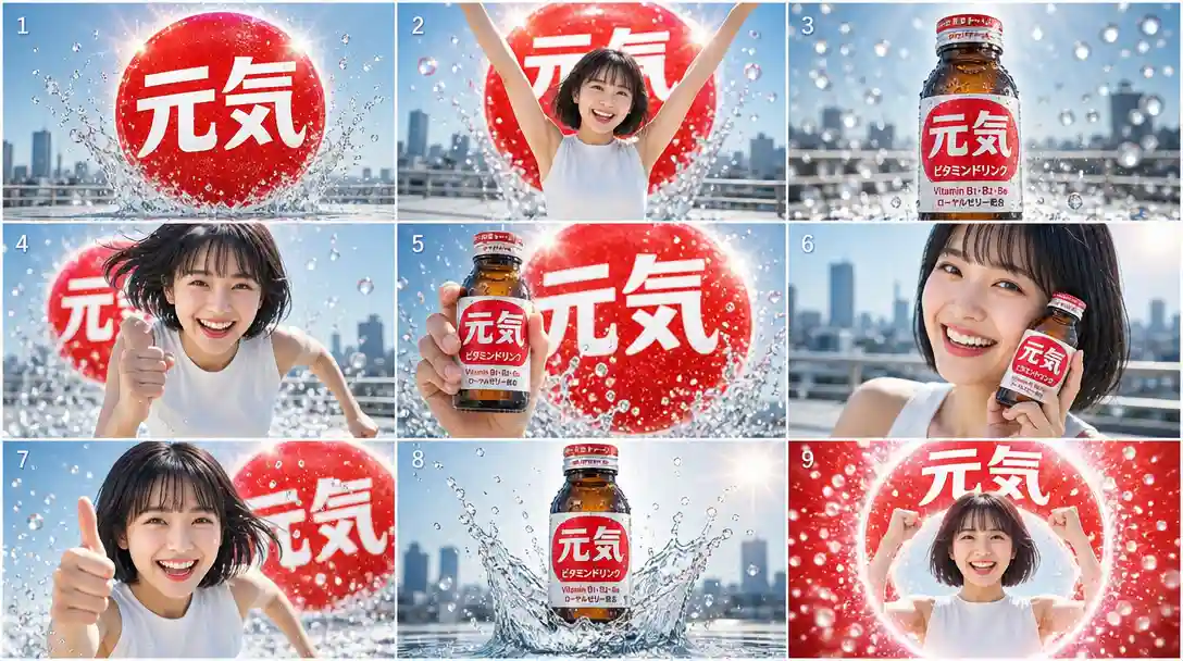 Genki Vitamin Tonic — 3×3 storyboard sheet for a Japanese vitamin-drink commercial