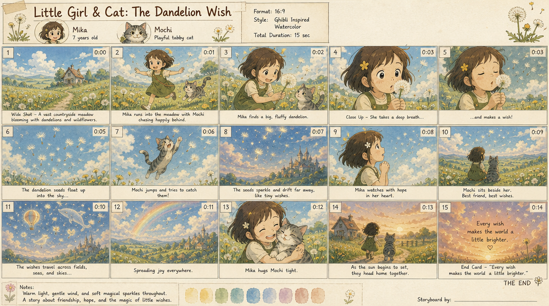The Dandelion Wish — generated Mika + Mochi character sheet + 15-panel watercolor storyboard