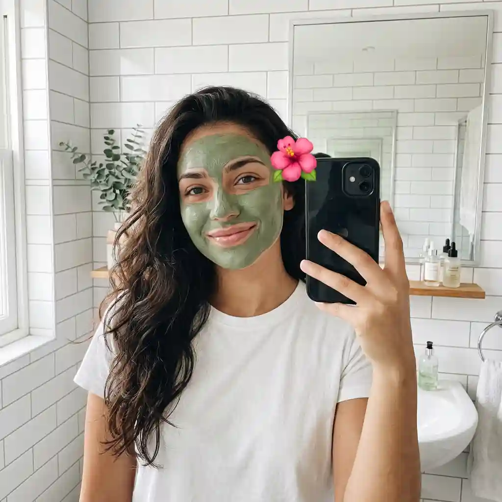 Clay Face Mask Bathroom Selfie — Interior & Spaces Nano Banana prompt example, created with Pixazo AI