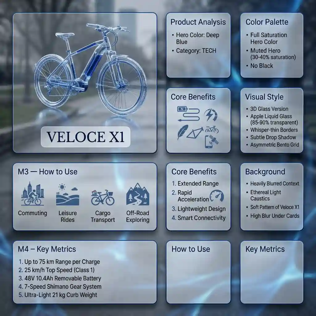 Premium liquid glass Bento grid product infographic with 8 modules — Product & E-commerce Nano Banana prompt example, created with Pixazo AI