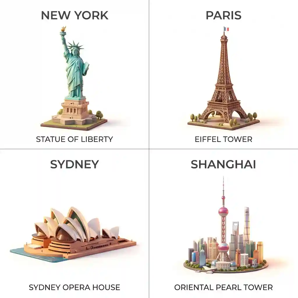 3D Toy-like Landmark Icon Set on White Background — Logo & Branding Nano Banana prompt example, created with Pixazo AI