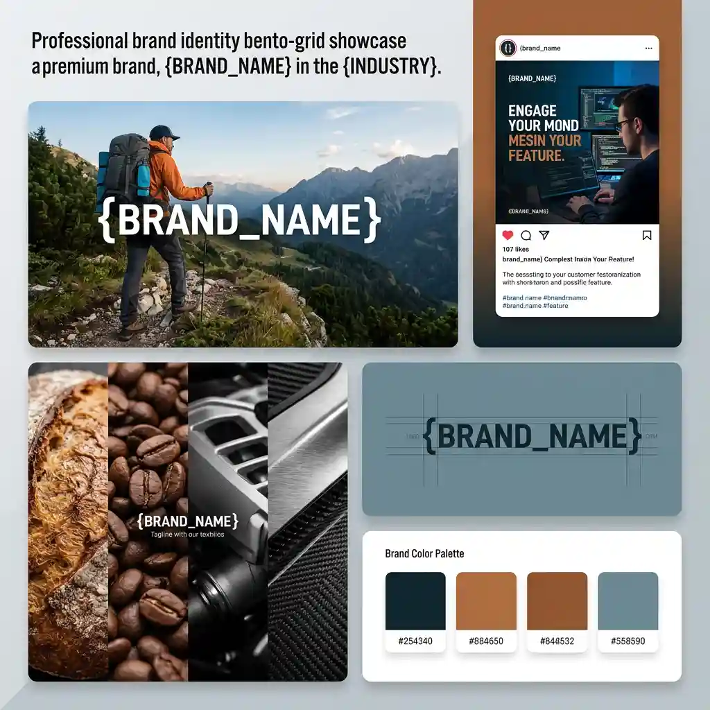 Brand Identity Bento-Grid Showcase — Logo & Branding Nano Banana prompt example, created with Pixazo AI
