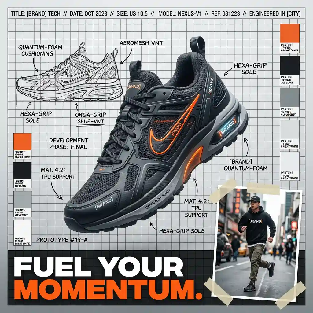 Branded Footwear Ad with Technical Sketches — Logo & Branding Nano Banana prompt example, created with Pixazo AI