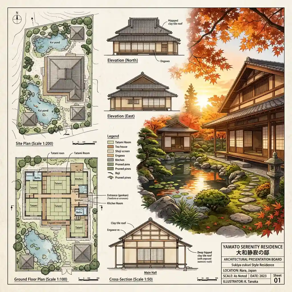 Japanese Ryokan Architectural Presentation Board — Interior & Spaces Nano Banana prompt example, created with Pixazo AI
