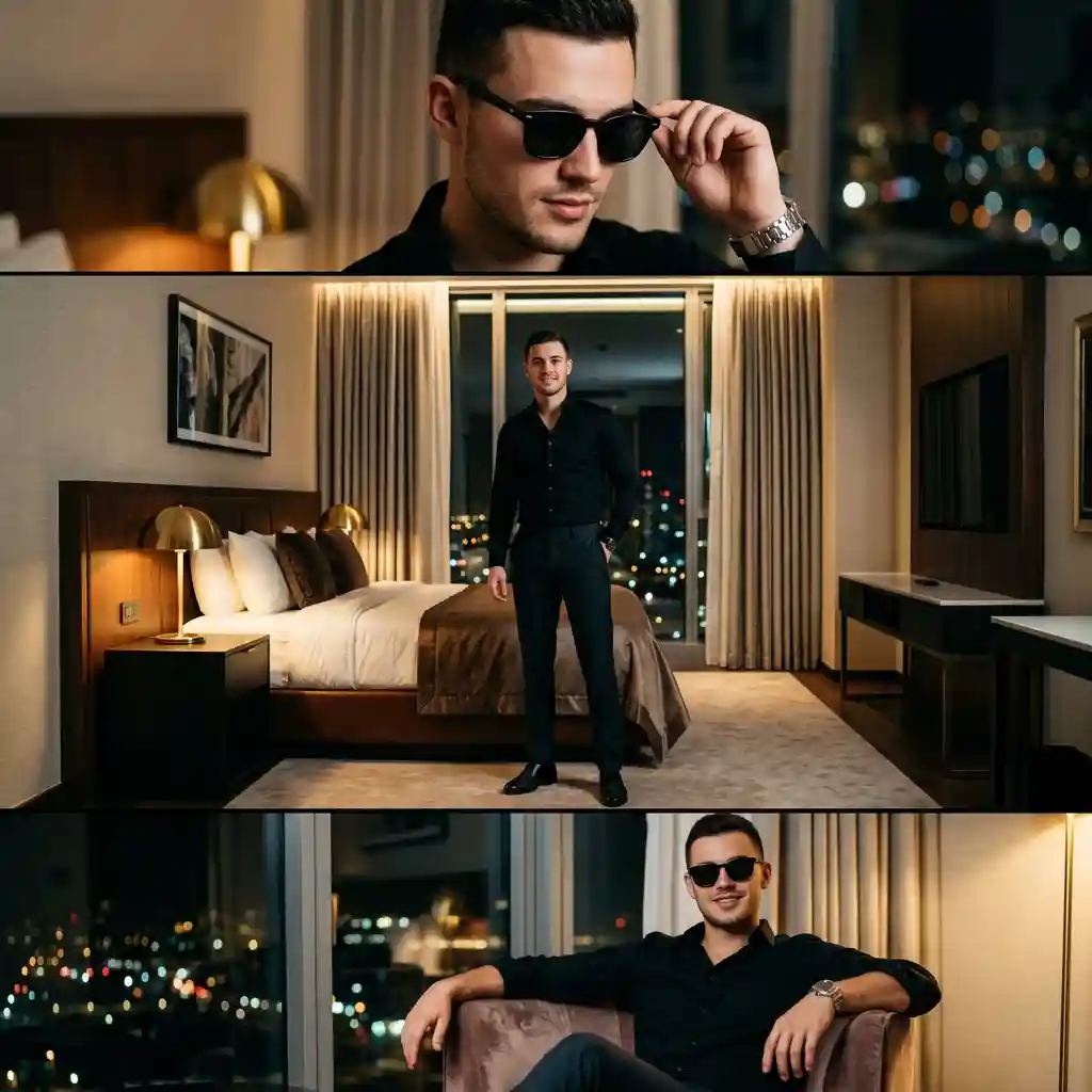 Cinematic Multi-Frame Lifestyle Portrait in Hotel — Interior & Spaces Nano Banana prompt example, created with Pixazo AI