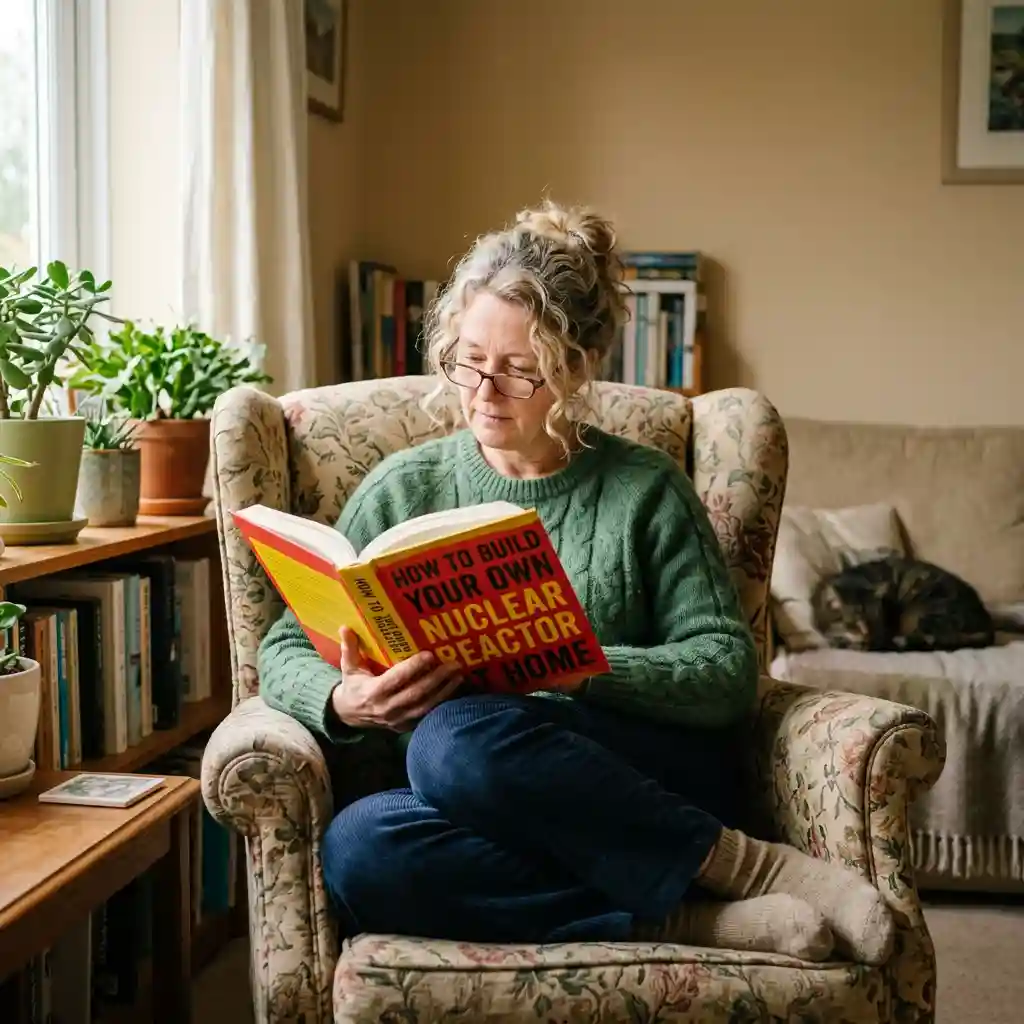Woman Reading Absurd Book Title in Living Room — Interior & Spaces Nano Banana prompt example, created with Pixazo AI