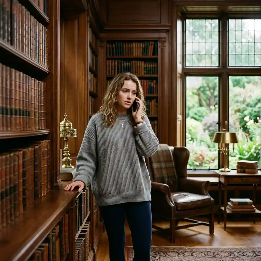 Woman in Library Talking on Phone — Interior & Spaces Nano Banana prompt example, created with Pixazo AI