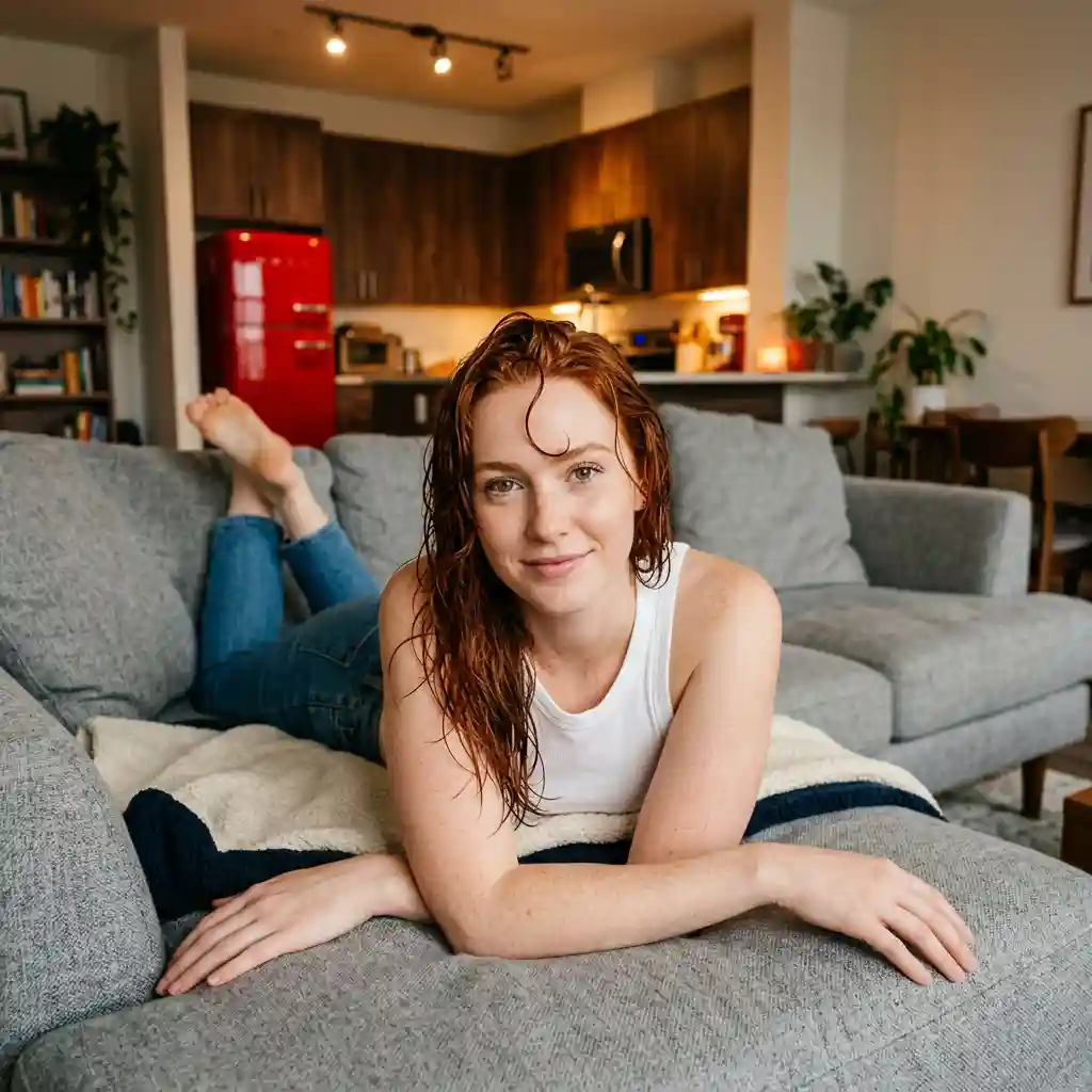 Woman Lounging on Sofa in Modern Apartment — Interior & Spaces Nano Banana prompt example, created with Pixazo AI
