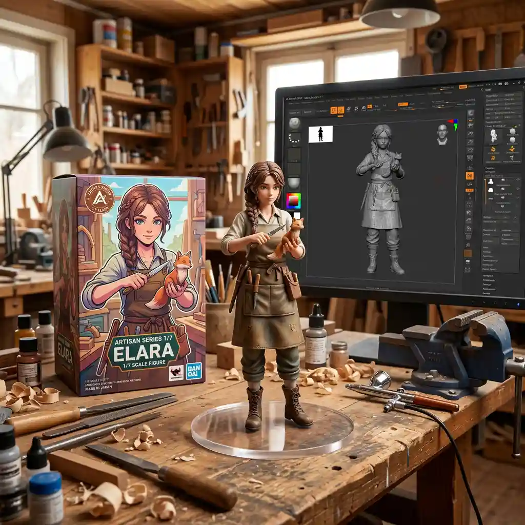 Figurine in Artisan Workshop with Zbrush and Packaging — Product & E-commerce Nano Banana prompt example, created with Pixazo AI