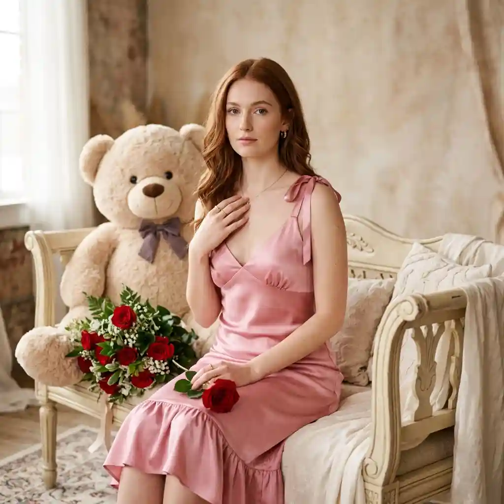 Woman in Pink Dress with Teddy Bear and Roses — Product & E-commerce Nano Banana prompt example, created with Pixazo AI