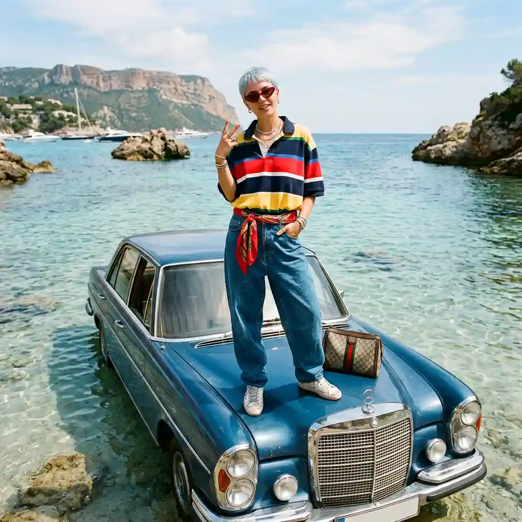 Stylish Woman on Vintage Car in Ocean — Product & E-commerce Nano Banana prompt example, created with Pixazo AI
