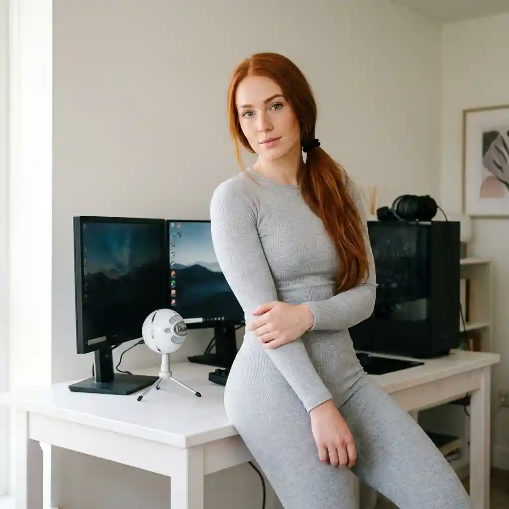 Woman in Lounge Set at Desk with Gaming Setup — Product & E-commerce Nano Banana prompt example, created with Pixazo AI