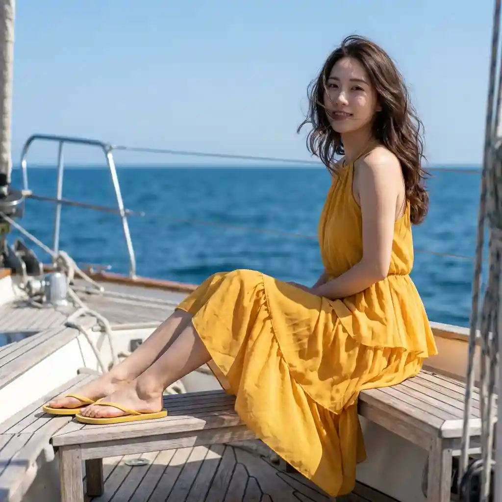 East Asian Woman on Yacht, Marigold Dress, Low Angle — Product & E-commerce Nano Banana prompt example, created with Pixazo AI