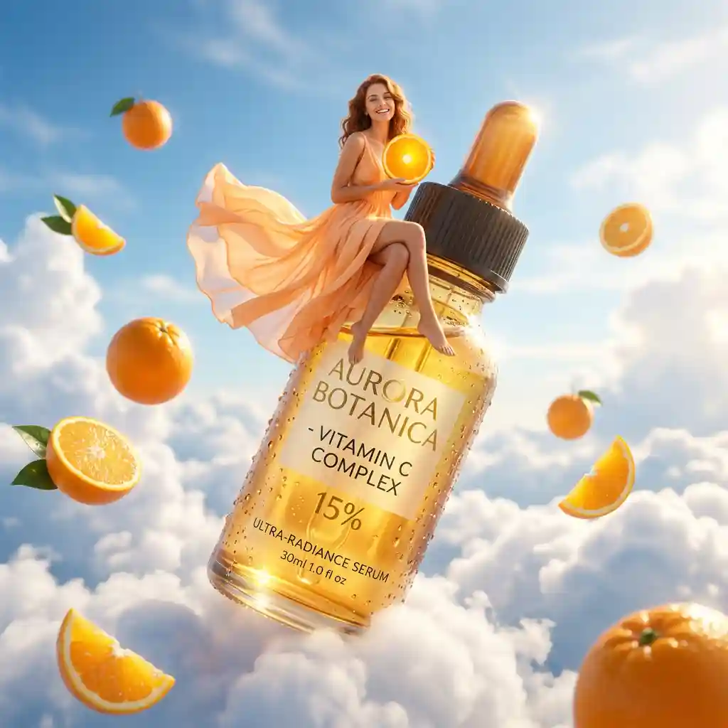 Surreal Skincare Ad: Giant Vitamin C Serum Bottle — Product & E-commerce Nano Banana prompt example, created with Pixazo AI