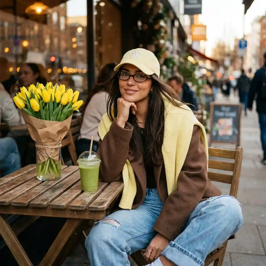 Stylish Woman at Cafe with Tulips and Smoothie — Product & E-commerce Nano Banana prompt example, created with Pixazo AI