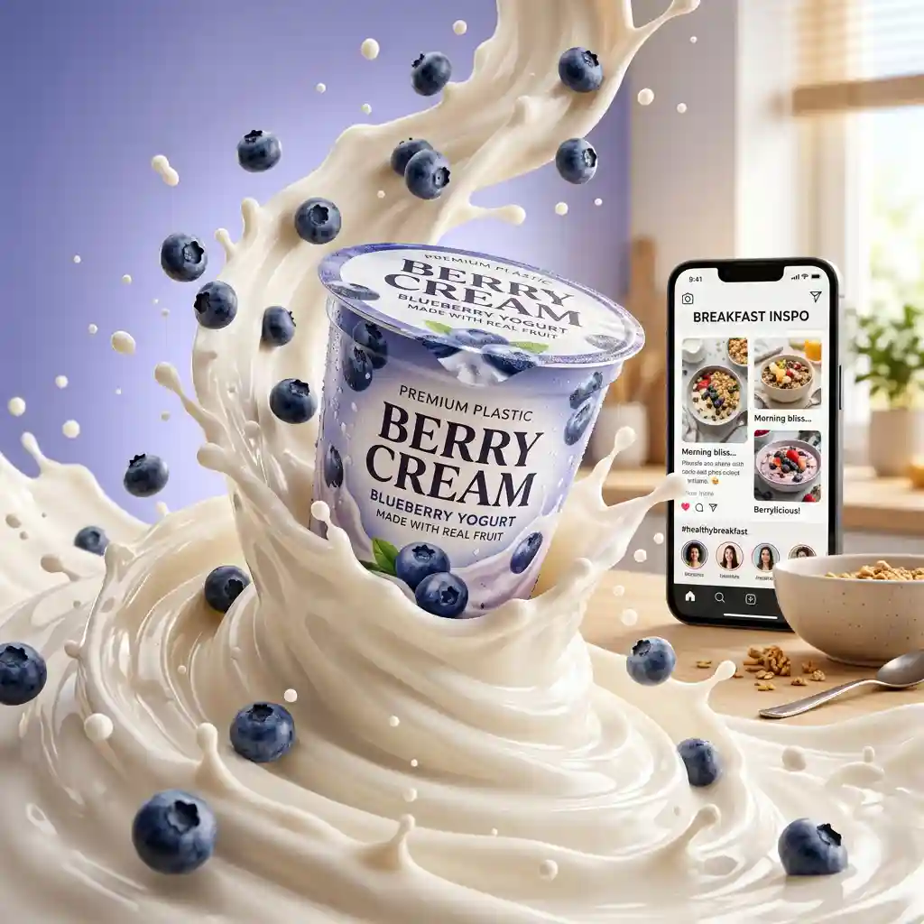 Cinematic Blueberry Yogurt Advertisement — Product & E-commerce Nano Banana prompt example, created with Pixazo AI