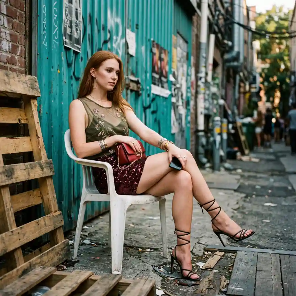 Fashion Editorial in Urban Alleyway — Product & E-commerce Nano Banana prompt example, created with Pixazo AI