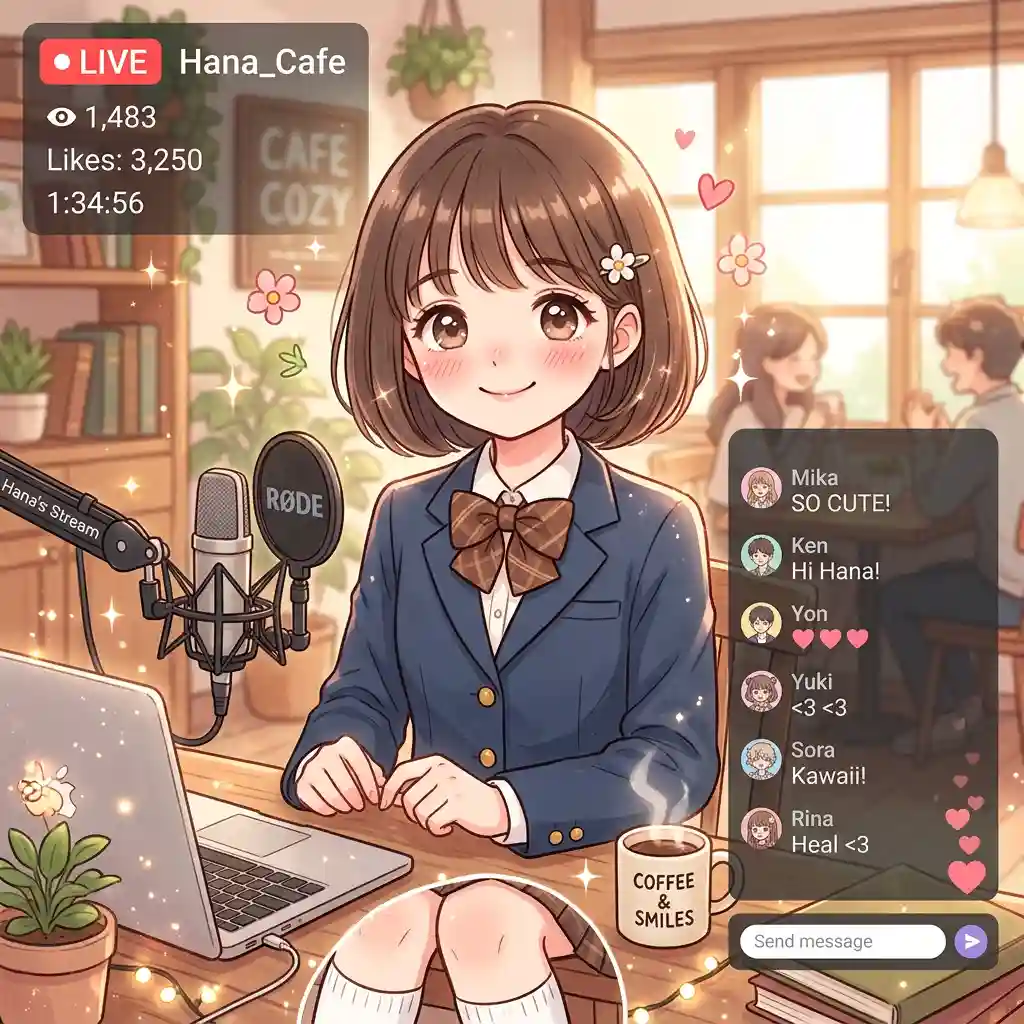 Cute Anime Girl in Cafe with Streaming UI — Anime & Cartoon Nano Banana prompt example, created with Pixazo AI