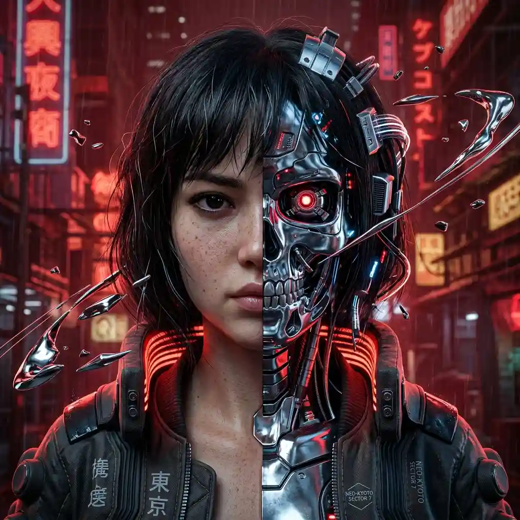 Cyberpunk Portrait: Chrome Skull, Split Face, Liquid Chrome — Anime & Cartoon Nano Banana prompt example, created with Pixazo AI
