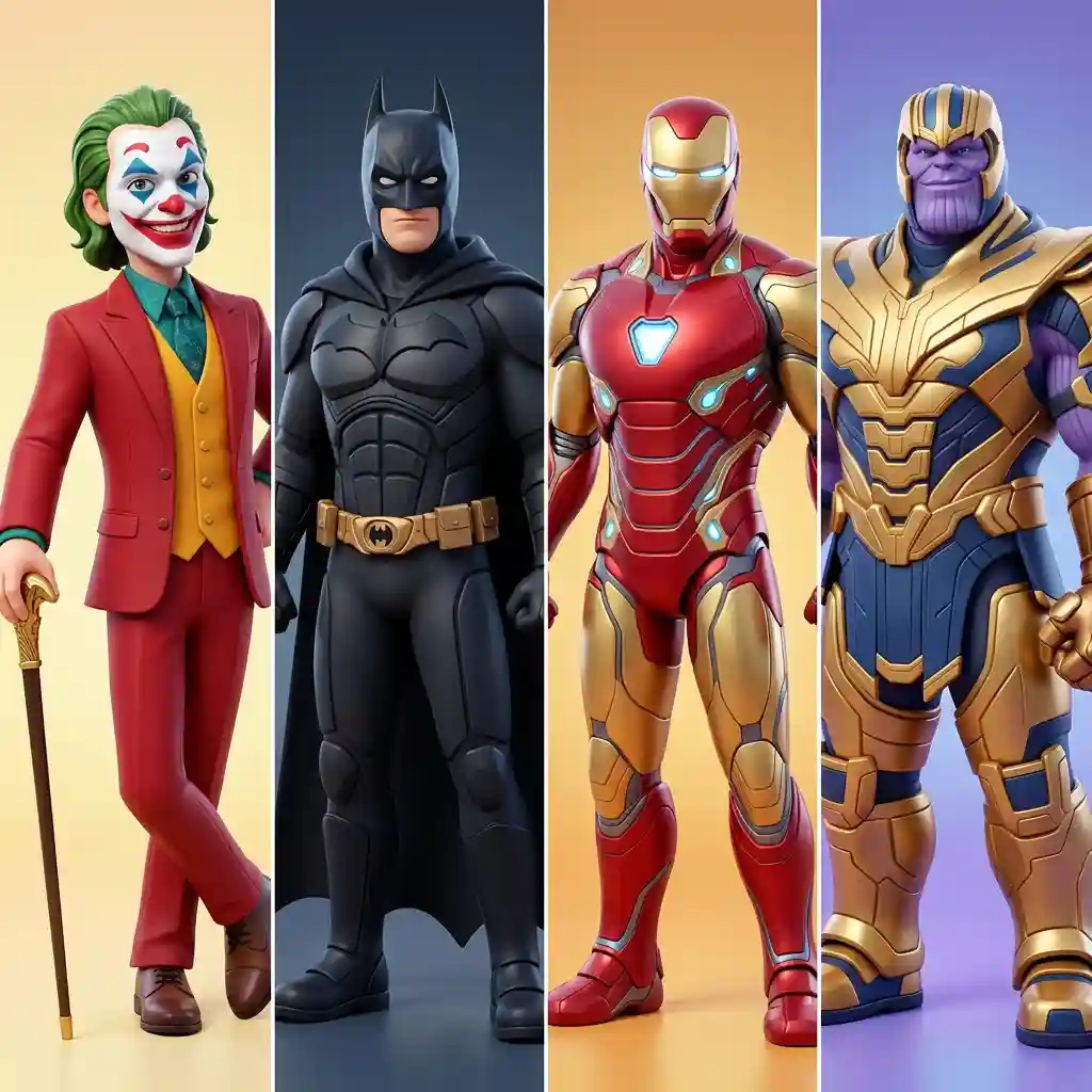 4-Panel Stylized 3D Cartoon Villain & Hero Lineup — Anime & Cartoon Nano Banana prompt example, created with Pixazo AI