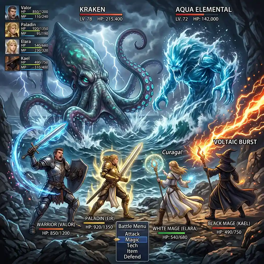 Final Fantasy Party vs. Water Chaos Kraken — Anime & Cartoon Nano Banana prompt example, created with Pixazo AI