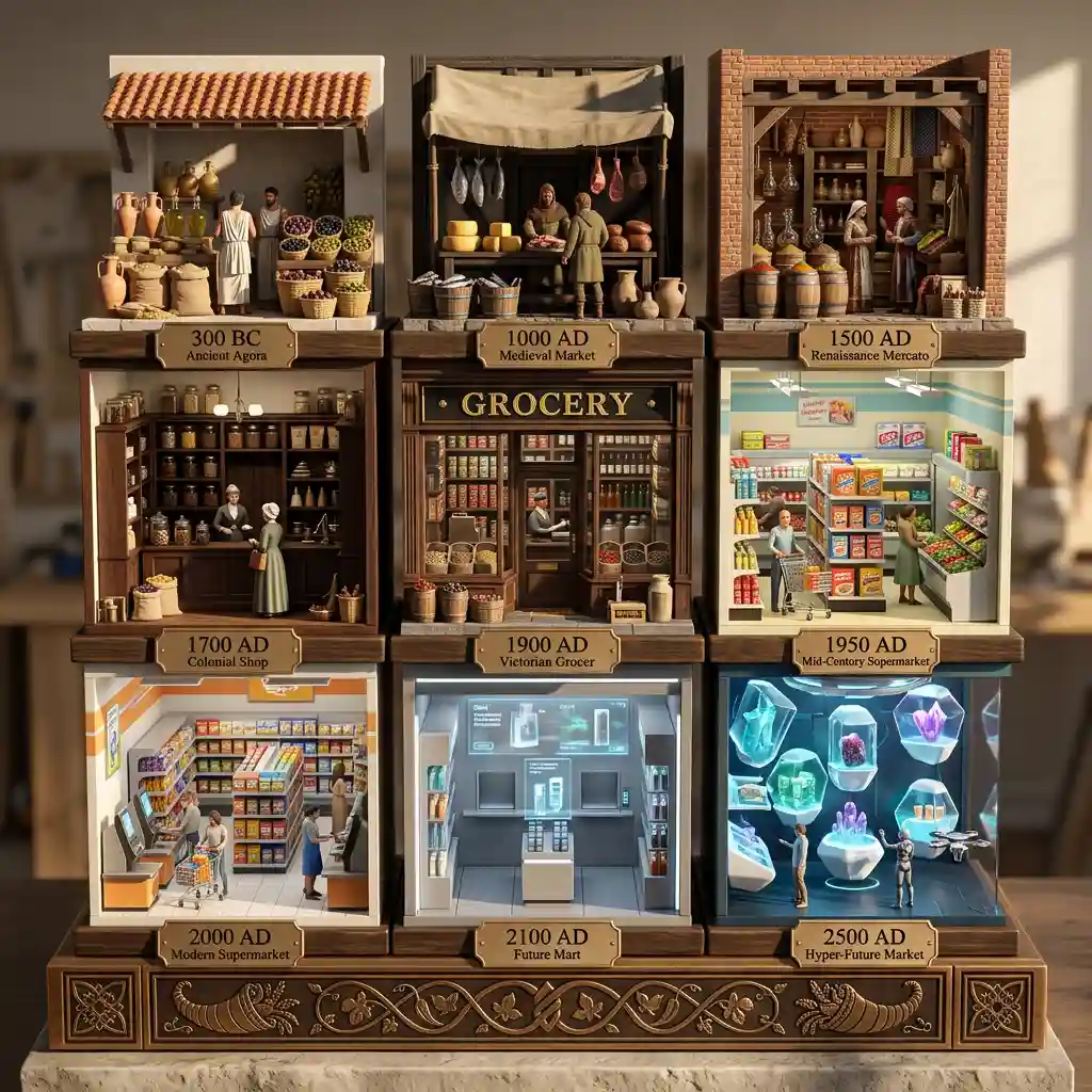 Grocery Shops Through Ages 3x3 Grid — Art Styles Nano Banana prompt example, created with Pixazo AI