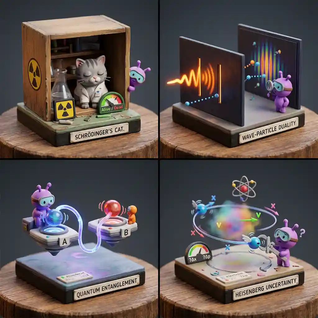 Quantum Mechanics Concepts Diorama — Art Styles Nano Banana prompt example, created with Pixazo AI