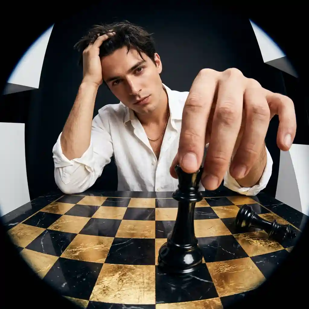 Distorted Perspective Chess Player Fashion Portrait — Art Styles Nano Banana prompt example, created with Pixazo AI