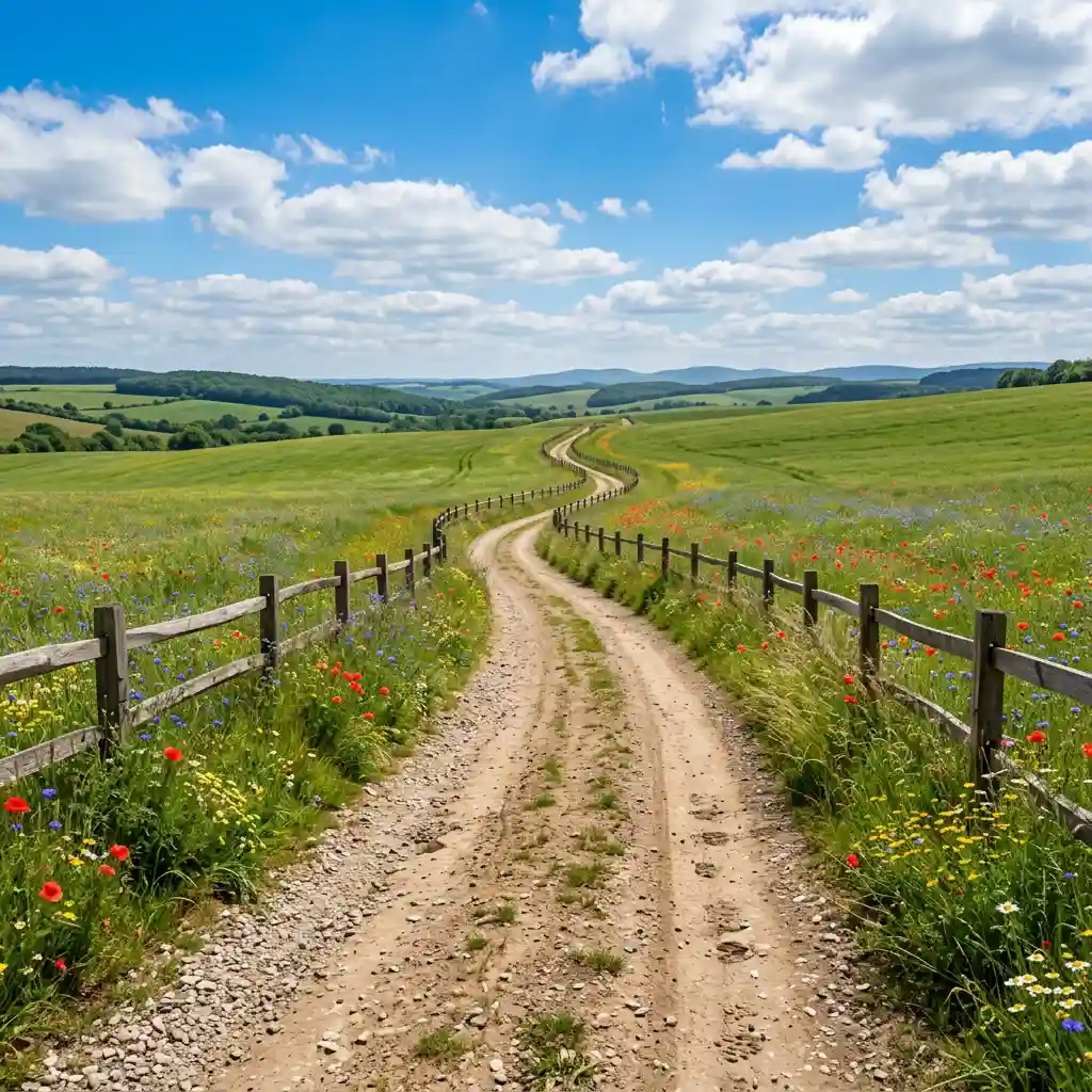 Sun-Baked Dirt Road Through Lush Green Pastures — Art Styles Nano Banana prompt example, created with Pixazo AI