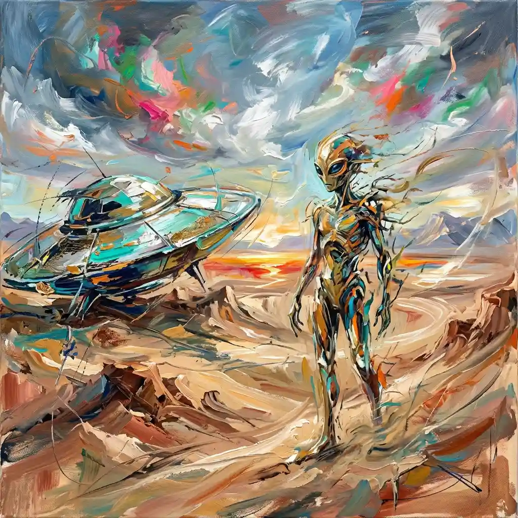 Surreal Alien in Desert, Cecily Brown Style — Art Styles Nano Banana prompt example, created with Pixazo AI