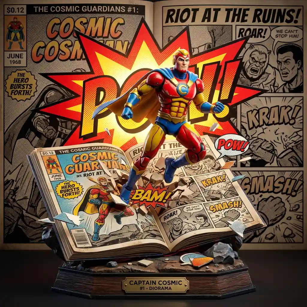 Comic Book Hero Diorama — Effects & Restore Nano Banana prompt example, created with Pixazo AI