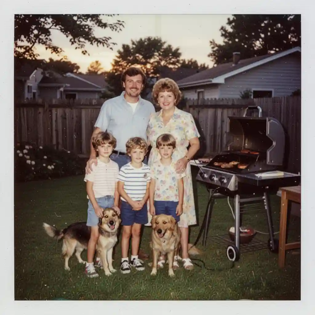 1980s Backyard Family Photo — Portraits & People FLUX.1 AI image prompt example