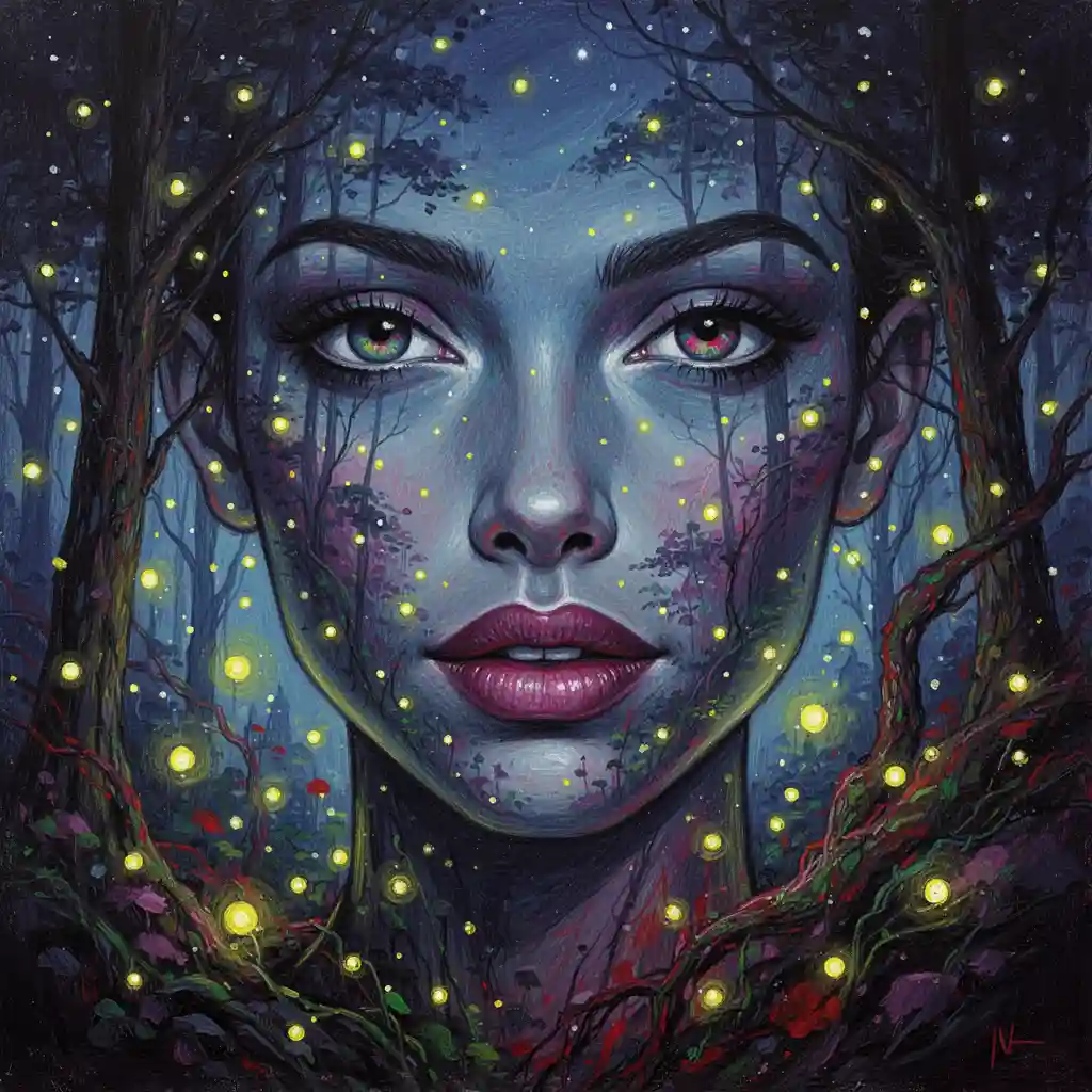 Woman in the Wildfire Night — Fantasy & Surreal FLUX.1 AI image prompt example
