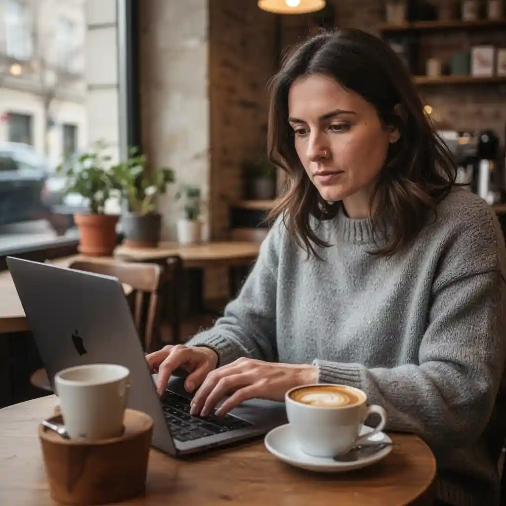 Woman Working in a Café — Portraits & People FLUX.1 AI image prompt example