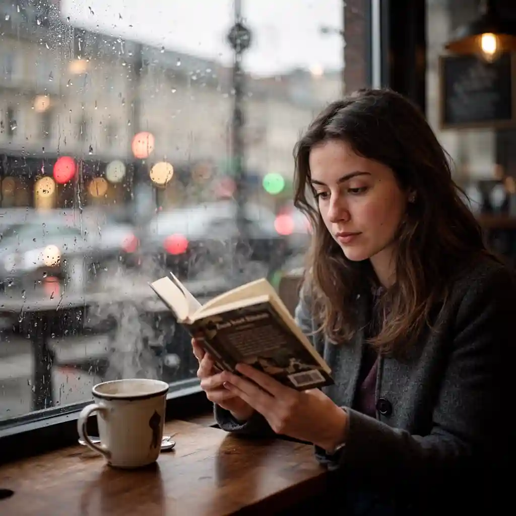 Rainy-Window Reader — Portraits & People FLUX.1 AI image prompt example