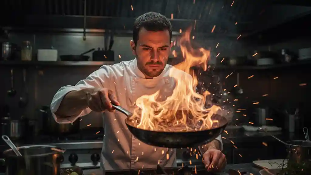 Chef's Flambé — Cinematic & Motion FLUX.1 AI image prompt example