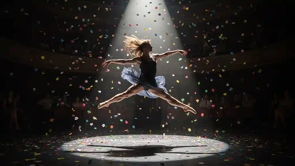 Dancer in Falling Confetti — Cinematic & Motion FLUX.1 AI image prompt example