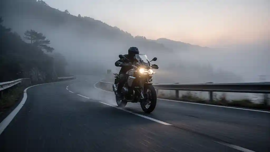Motorcyclist on Mountain Road — Cinematic & Motion FLUX.1 AI image prompt example