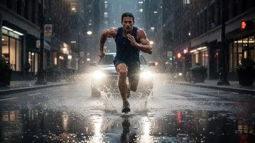 Runner in the Rain — Cinematic & Motion FLUX.1 AI image prompt example