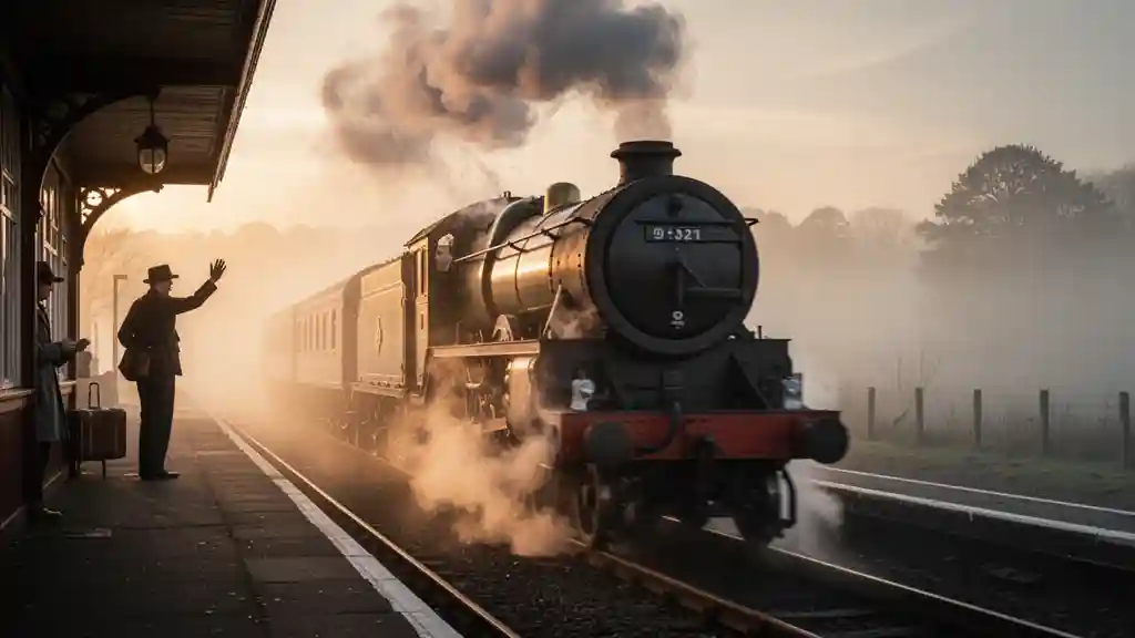 Vintage Train Departure — Cinematic & Motion FLUX.1 AI image prompt example