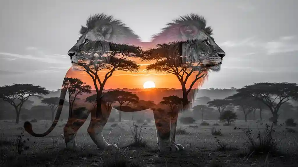 African Sunrise with Lion — Nature & Landscapes FLUX.1 AI image prompt example