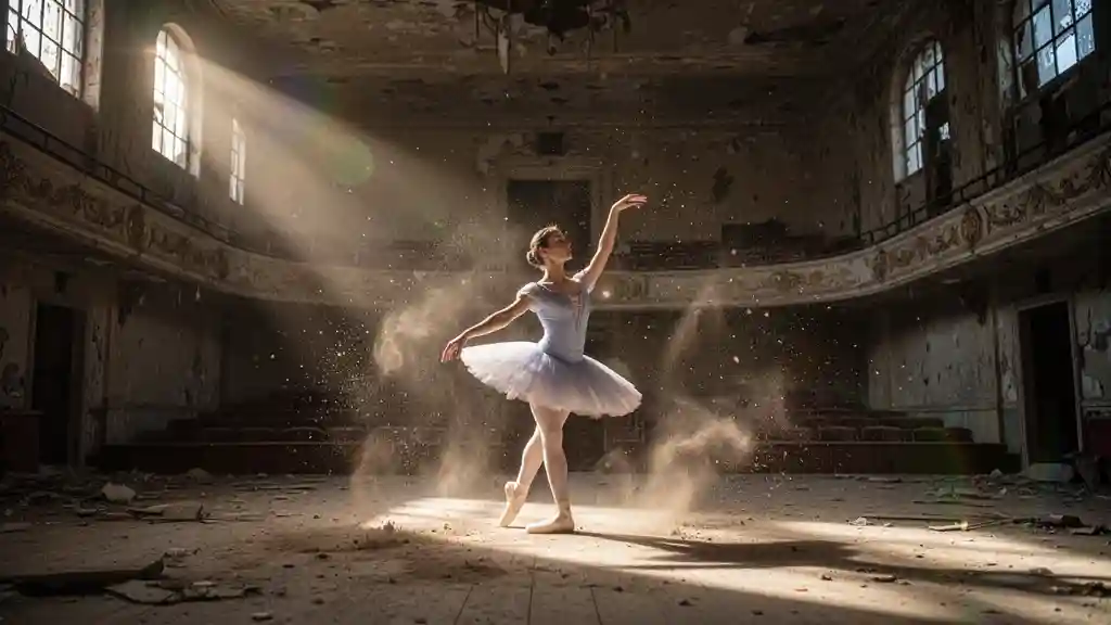 Ballet in the Old Theater — Cinematic & Motion FLUX.1 AI image prompt example