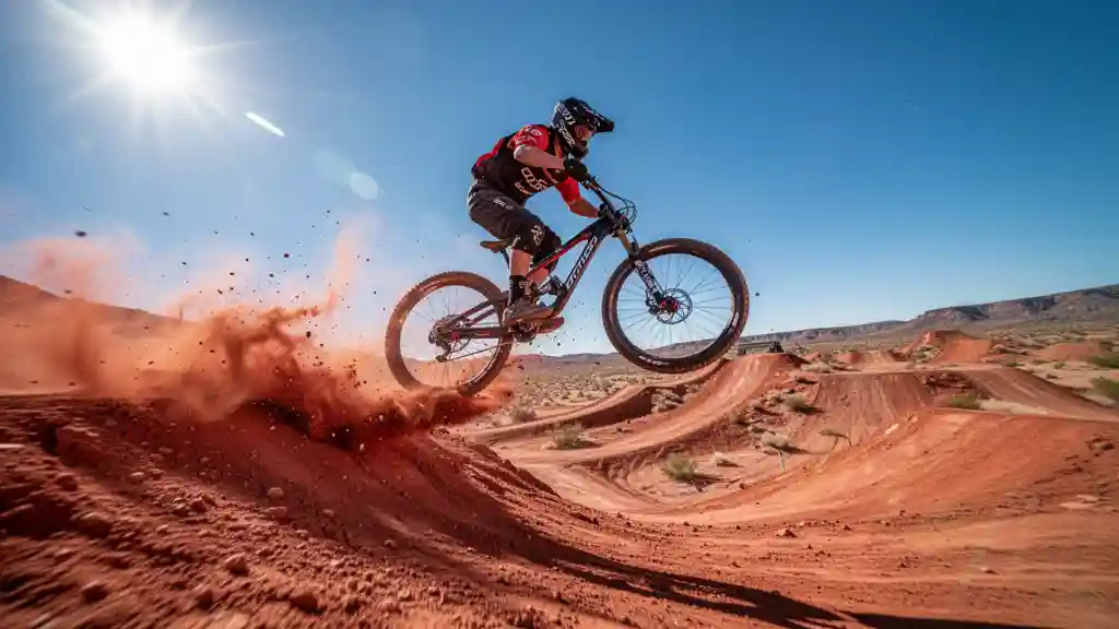 Desert Mountain-Bike Drop — Cinematic & Motion FLUX.1 AI image prompt example