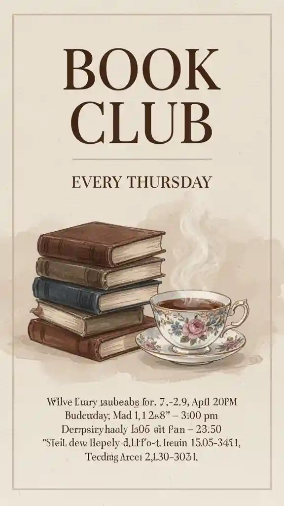 'BOOK CLUB' Cozy Flyer — Posters & Text FLUX.1 AI image prompt example