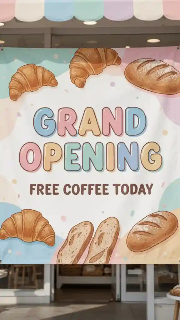 'GRAND OPENING' Bakery Banner — Posters & Text FLUX.1 AI image prompt example