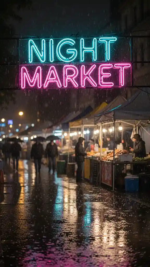 'NIGHT MARKET' Neon Sign — Posters & Text FLUX.1 AI image prompt example