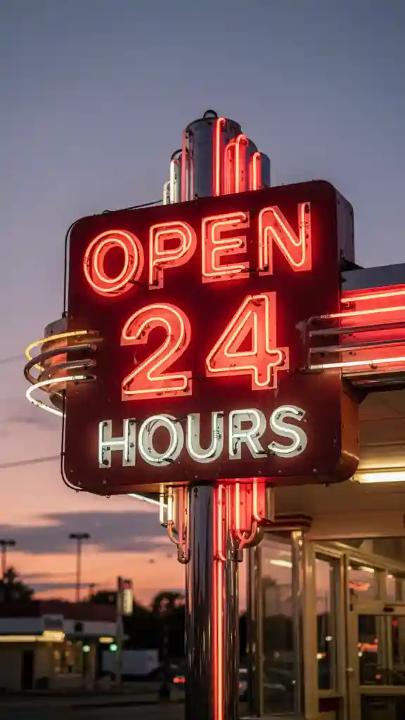 'OPEN 24 HOURS' Diner Sign — Posters & Text FLUX.1 AI image prompt example